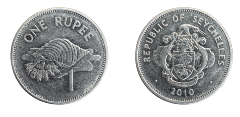 Seychelles one rupee coin on white isolated background