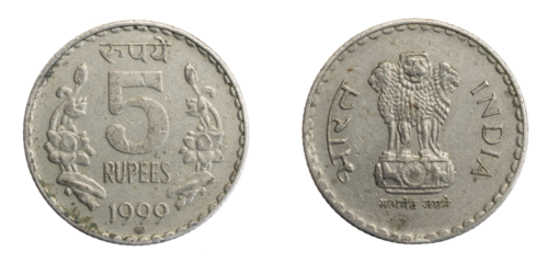 India five rupees coin on a white isolated background