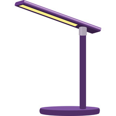 Obraz premium Modern purple desk lamp with adjustable neck emitting a warm yellow light and a round base on a transparent background, ideal for study or office
