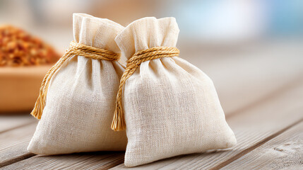 Two small fabric bags filled with spices sit on a wooden surface, creating a rustic and inviting kitchen atmosphere.
