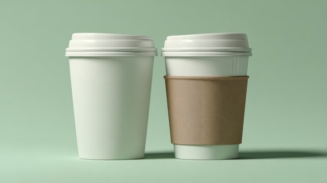 Two white coffee cups on a pastel green background; one is bare while the other has a brown sleeve for insulation.