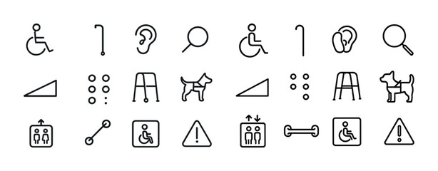 Accessibility symbols: wheelchair, hearing, vision, mobility, assistance
