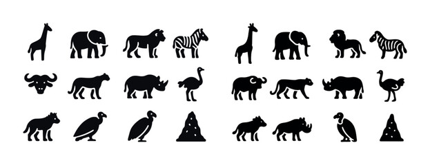 Obraz premium Silhouettes of african animals: giraffe, elephant, zebra, lion, rhino, and more