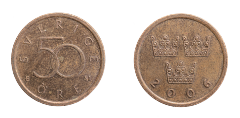 Sweden fifty ore coin on a white isolated background
