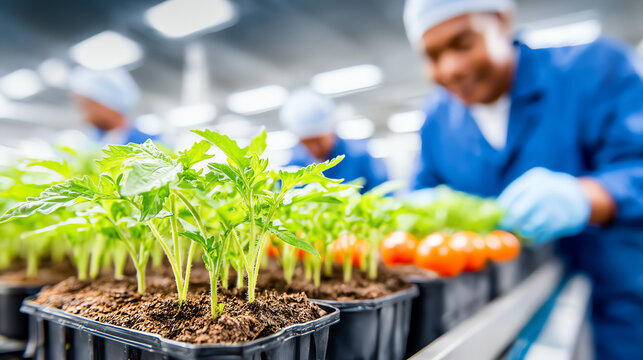 Workers tending to young plants in a greenhouse, ensuring healthy growth and quality for future harvest in a modern agricultural setting.