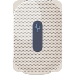 Modern smart speaker with textured gray surface and glowing blue microphone icon centered on a dark gray panel on a white cylindrical base isolated on a transparent background