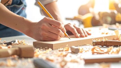 A skilled craftsperson meticulously marking wood with a pencil in a sunlit workshop, creating art