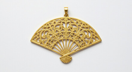 Brilliant gold filigree fan pendant radiates with warm metallic luster against a clean white background. AI Generated