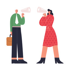 Man in Green Shirt and Tie Holding Briefcase and Woman in Red Dress Holding Megaphone Communicating Against White Background Flat Design Style