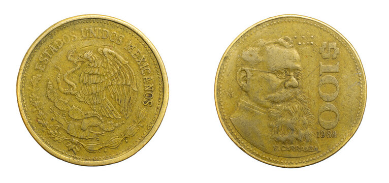 Mexico one hundred pesos coin on a white isolated background