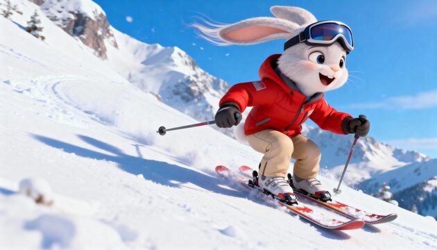 A cute cartoon rabbit wearing ski goggles and a red jacket joyfully skis down a snowy mountain slope, his long ears fluttering in the wind against a perfect blue sky. - Powered by Adobe