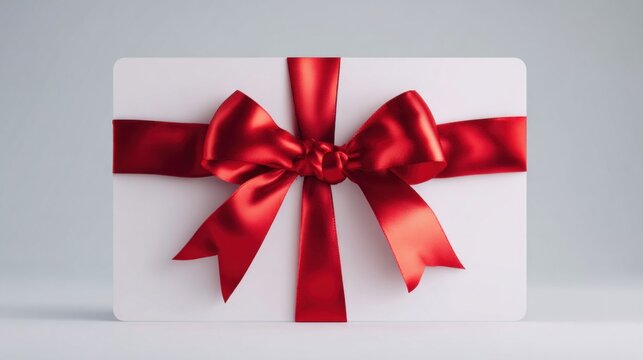 A beautifully wrapped gift card adorned with a bright red ribbon, perfect for any occasion or celebration.