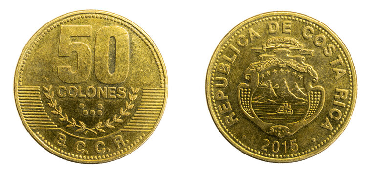 Costa Rica fifty colones coin on a white isolated background