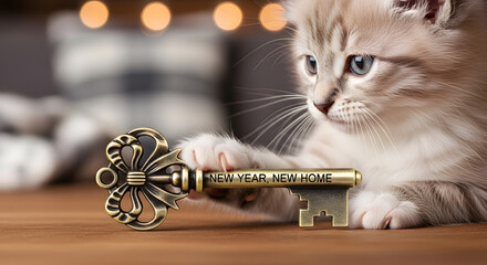 A fluffy kitten with blue eyes touches a vintage key engraved with 'New Year, New Home'. Real estate and moving concept. Pet adoption and new beginnings symbol