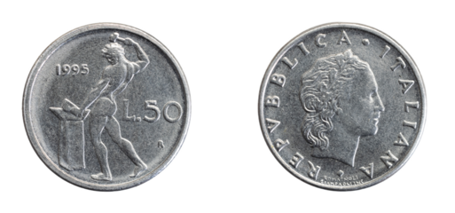 Italy fifty lira coin on white isolated background