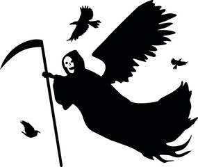 A dark depiction of the Grim Reaper, a figure of death, silhouetted against a plain backdrop, carrying a scythe. Dark wings and ravens further the ominous scene.