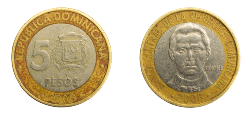 Dominican Republic five pesos coin on white isolated background