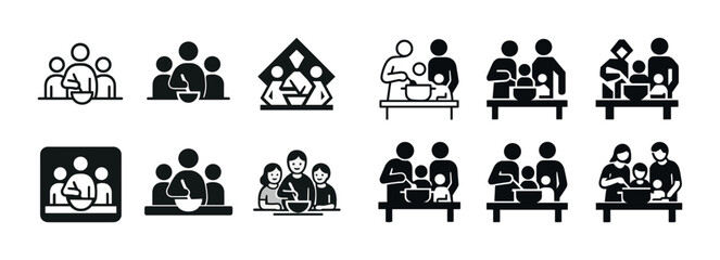 Simplified icons of families cooking together at a table