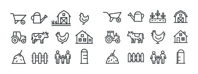 Farm icons collection: tractor, barn, cow, chicken, tools, and crops