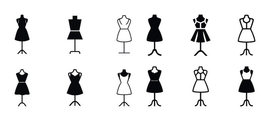 Set of black and white dress mannequin icons for fashion design