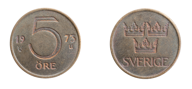Sweden five ore coin on a white isolated background