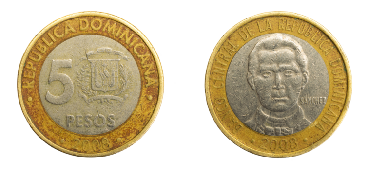 Dominican Republic five pesos coin on white isolated background