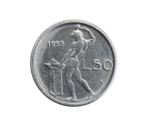 Italy fifty lira coin on white isolated background