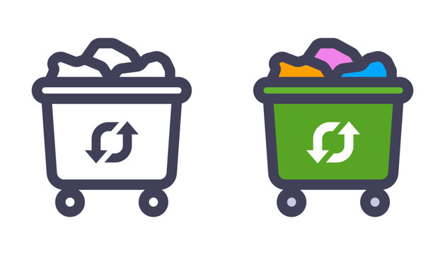Green trash and waste bin icon. Flat illustration.