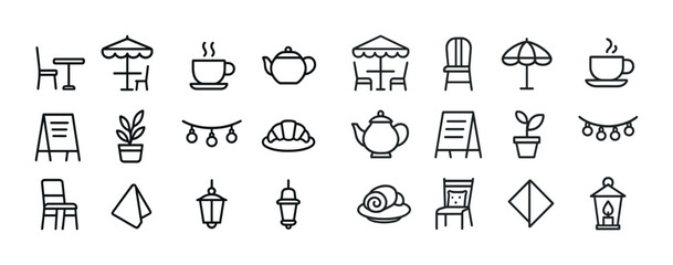 Minimalist cafe icon set: chairs, teapots, plants, and lanterns in line art style