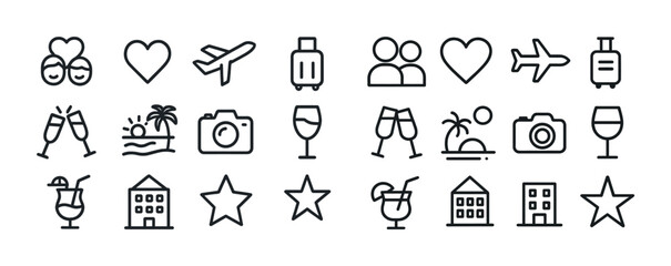 Travel and leisure icons including heart, plane, camera, wine glass, beach, hotel, stars