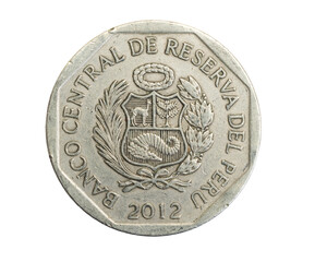 Peru one sol coin on white isolated background