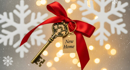 A vintage key with a "New Home" tag and red ribbon bow. Christmas real estate gift and holiday moving concept. Festive winter background with snow and bokeh lights