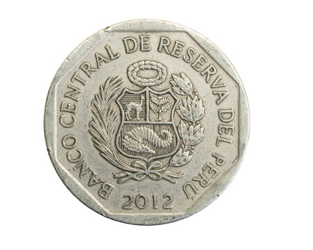 Peru one sol coin on white isolated background