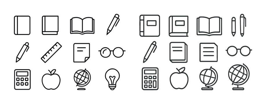 Black and white school icons set: books, pencils, calculator, globe, apple