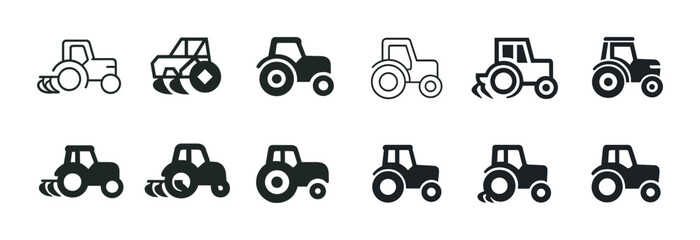 Set of tractor icons in various styles for agriculture and farming