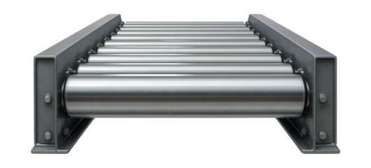 Segmented roller conveyor belt with protective side guards.