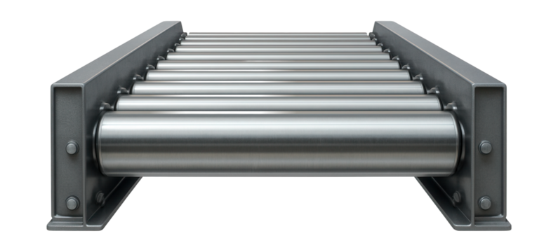 Segmented roller conveyor belt with protective side guards.