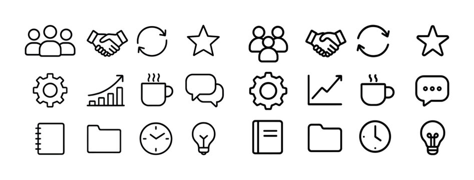 Simple icon set with people, gears, charts, coffee, and lightbulbs