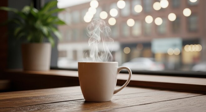 Cozy morning scene a steaming mug of coffee on a wooden table by a window overlooking the city