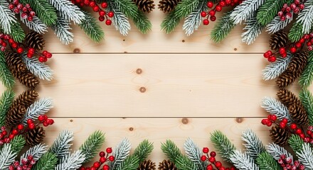 A symmetrical high-angle Christmas flat lay featuring light wooden planks framed by frosted evergreen branches, snow-dusted pine and fir needles, pine cones, and vibrant red berries. Natural lighting 