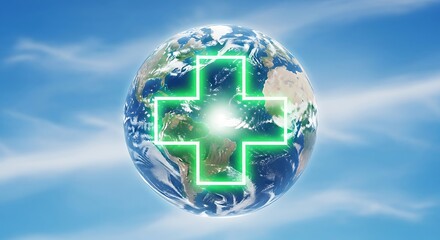 Global Health and Wellness - Earth with Green Medical Cross.