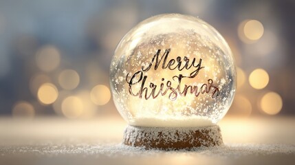 Obraz premium Christmas Snow Globe with Merry Christmas Handwritten Text in Warm Gold Lights