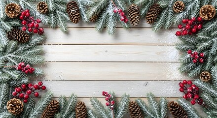 A symmetrical high-angle Christmas flat lay featuring light wooden planks framed by frosted evergreen branches, snow-dusted pine and fir needles, pine cones, and vibrant red berries. Natural lighting 