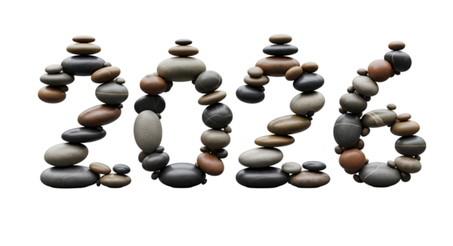 Stacked Zen Stones Form the Number 2026, Isolated on Transparent Background