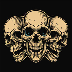Three Vintage Style Skulls With Blue Eyes On Black Background human head