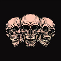 Three Vintage Style Skulls With Pink Hue On Black Background human head