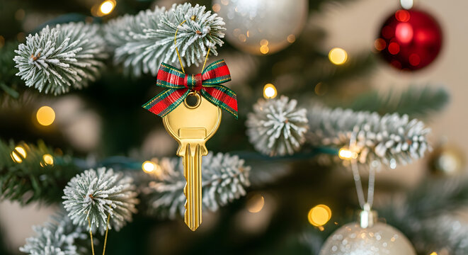 A golden house key ornament hanging on a Christmas tree. Festive decoration with a plaid bow. New home for the holidays and real estate gift concept - Powered by Adobe