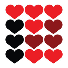 Twelve Red and Black Hearts Arranged in a Grid Pattern Keywords: heart, hearts, love, symbol, romance, Valentines Day, celebration, emotion