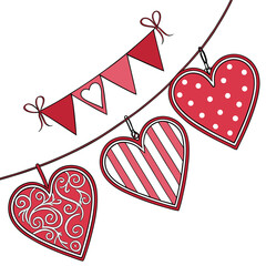 Valentine's Day heart garland with pennants and decorative hearts on white background Keywords: valentine, heart, love, romance, decoration
