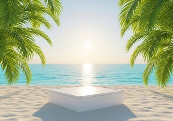 White podium on a tropical beach palm trees a beautiful sunset over the calm ocean